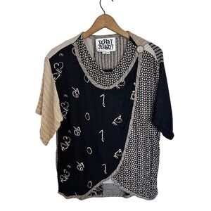 Vtg Womens Patchwork Blouse Asymmetrical Short Sleeve Top By Donna Jessica Black